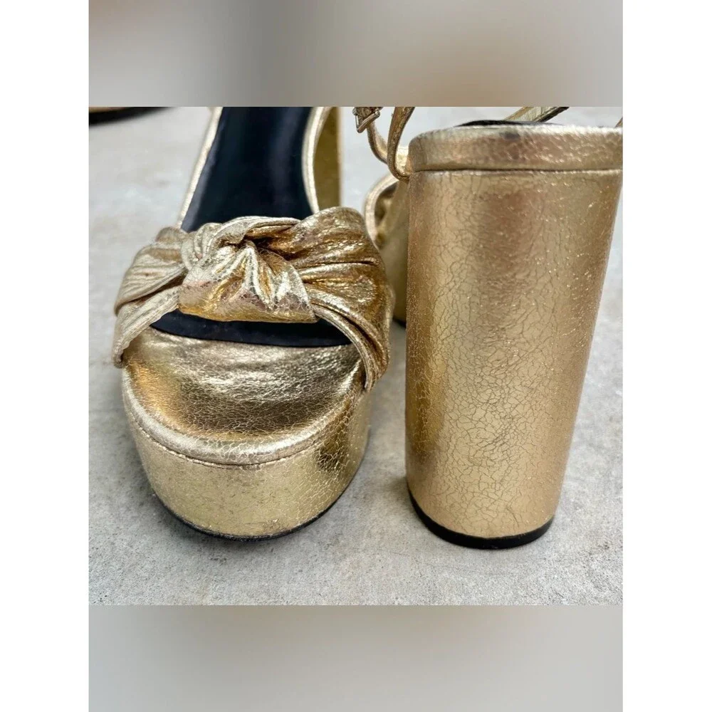 Rebecca Minkoff Gold Platform Heels Metallic Bow Ankle Strap Sandals Glam 11
